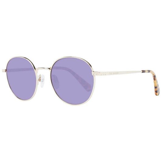 Ted Baker gold women's sunglasses with grey gradient lenses, panto style, gold metal frame, 100% UV protection, full-rim design.