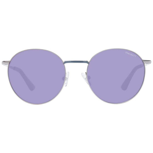Round sunglasses with lavender lenses and silver metal frame.