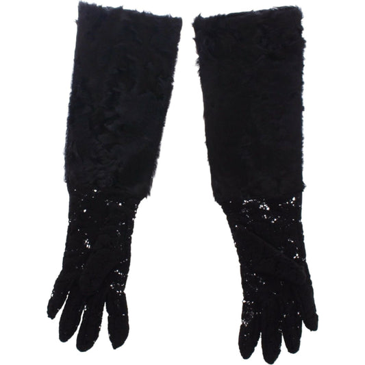 Dolce & Gabbana Black Lace Wool Lambskin Fur Elbow Gloves 10% Nylon,1728,40% Wool,67345645728,7 | S,7.5 | M,8 | M,Accessories,Black,Dolce & Gabbana,Gloves - Accessories,Gloves - Women - Accessories,Material: 50% Xiangao Lamb Fur,New with tags,Women,Women