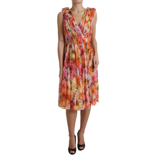 Dolce & Gabbana Multicolor Sunflower Print Silk Midi Dress