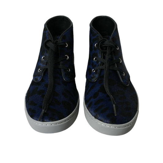 Dolce & Gabbana Blue Calfskin Leopard Mid Top Sneakers Shoes