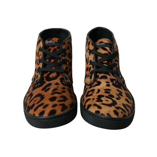 Dolce & Gabbana Brown Leopard Pony Hair Leather Sneakers Shoes