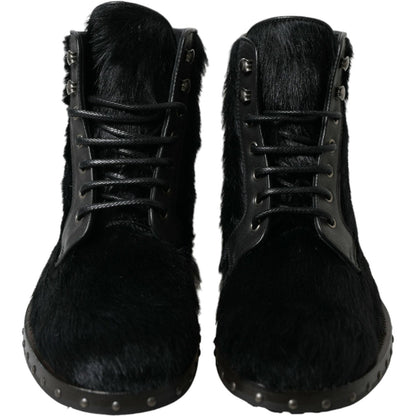Dolce & Gabbana Black Pony Style Leather Mid Calf Boots Shoes