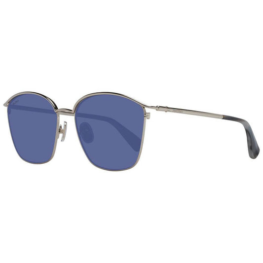Max Mara silver women's sunglasses with blue lenses, square full-rim metal frame, 100% UVA & UVB protection, includes case.