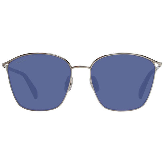 Max Mara silver women's square sunglasses with blue lenses, full-rim metal frame, 100% UVA & UVB protection, includes branded case.