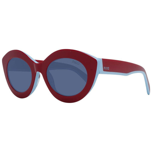 Emilio Pucci red women's cat-eye sunglasses with blue lenses, full-rim plastic frame. Includes branded case. 100% UVA & UVB protection.