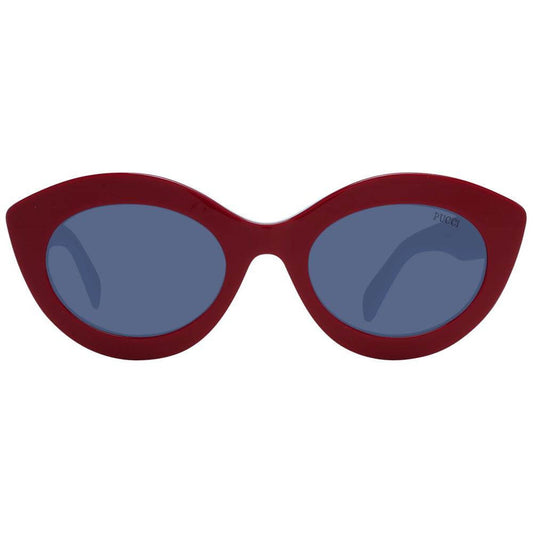 Emilio Pucci red cat-eye women sunglasses with blue lenses, full-rim plastic frame, size 53-22-140; includes branded case.