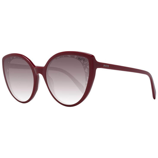 Emilio Pucci women's red butterfly sunglasses with gradient burgundy lenses, full-rim plastic frame, 100% UVA & UVB protection.