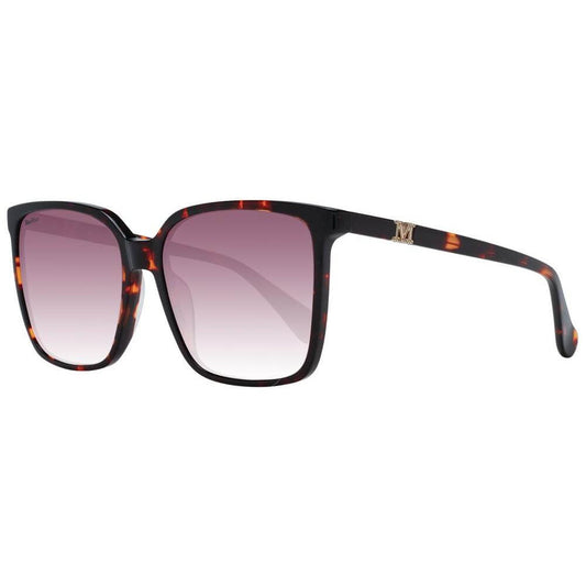 Max Mara red square sunglasses with burgundy gradient lenses, full-rim plastic frame, 100% UVA & UVB protection, includes branded case.