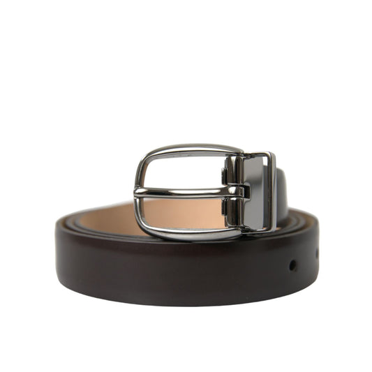 Dolce & Gabbana Dark Brown Leather Silver Metal Buckle Belt