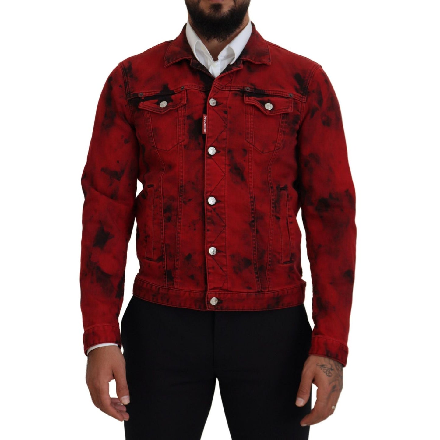 Dsquared² Red Black Tie Dye Collared Men Denim Jacket 1728,67345645728,Black and Red,Clothing,Denim Jackets - Jackets & Coats - Clothing,Dsquared²,IT48 | M,Jackets & Coats - Clothing,Jackets - Men - Clothing,Material: 98% Cotton 2% Elastane,Men,Preowned /