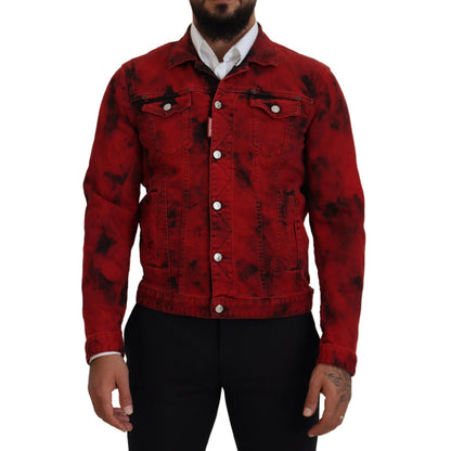 Dsquared² Red Black Tie Dye Collared Men Denim Jacket 1728,67345645728,Black and Red,Clothing,Denim Jackets - Jackets & Coats - Clothing,Dsquared²,IT48 | M,Jackets & Coats - Clothing,Jackets - Men - Clothing,Material: 98% Cotton 2% Elastane,Men,Preowned /