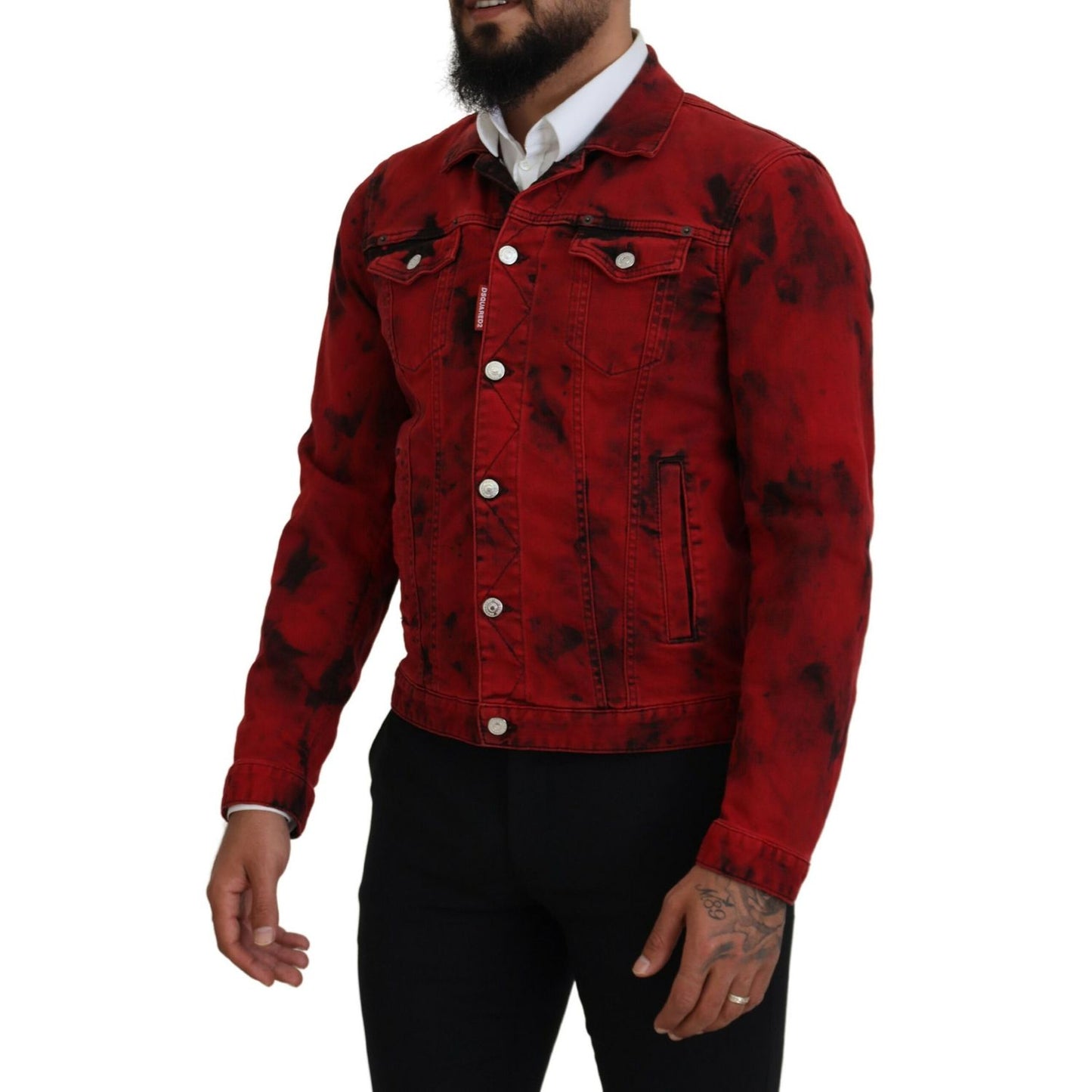Dsquared² Red Black Tie Dye Collared Men Denim Jacket 1728,67345645728,Black and Red,Clothing,Denim Jackets - Jackets & Coats - Clothing,Dsquared²,IT48 | M,Jackets & Coats - Clothing,Jackets - Men - Clothing,Material: 98% Cotton 2% Elastane,Men,Preowned /