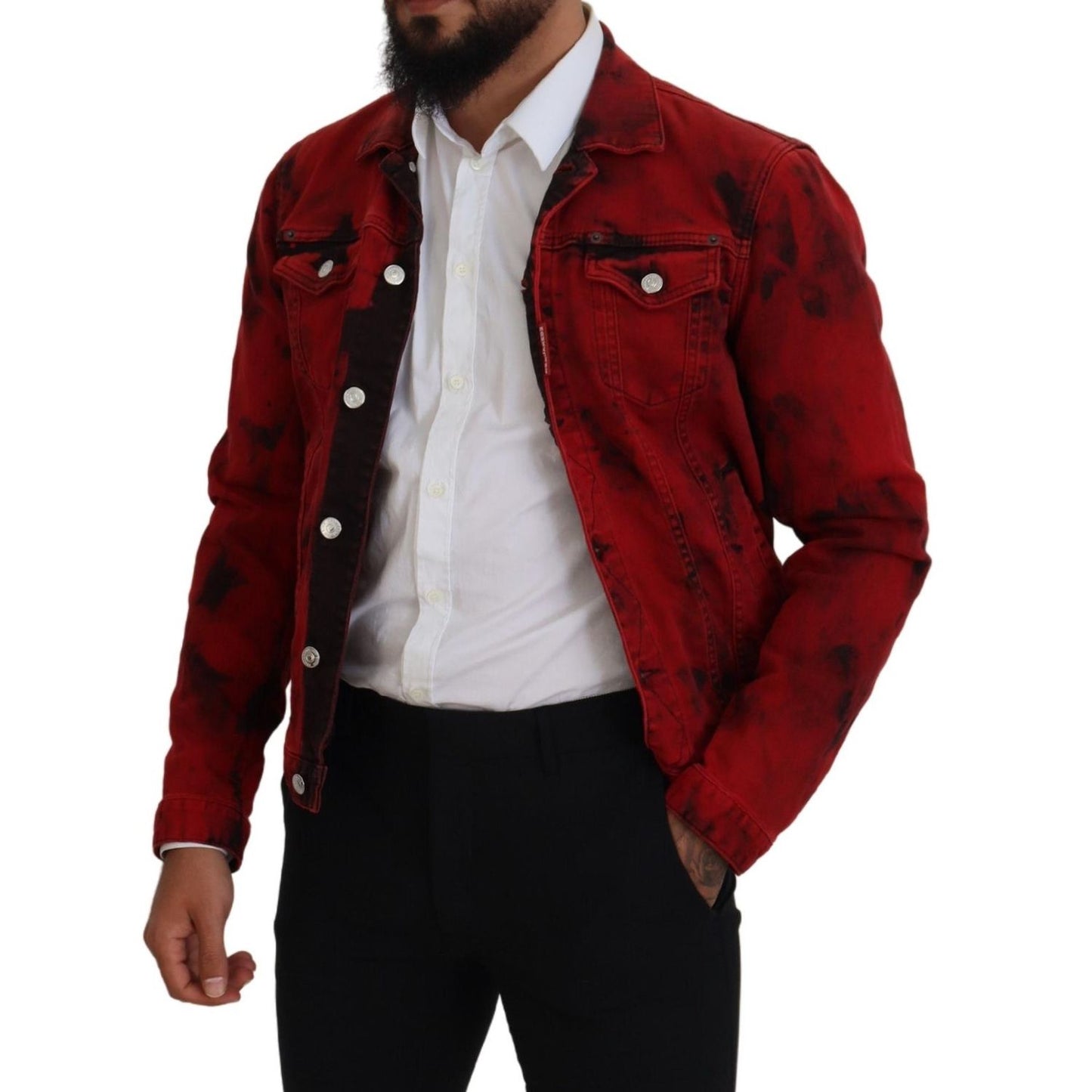 Dsquared² Red Black Tie Dye Collared Men Denim Jacket 1728,67345645728,Black and Red,Clothing,Denim Jackets - Jackets & Coats - Clothing,Dsquared²,IT48 | M,Jackets & Coats - Clothing,Jackets - Men - Clothing,Material: 98% Cotton 2% Elastane,Men,Preowned /