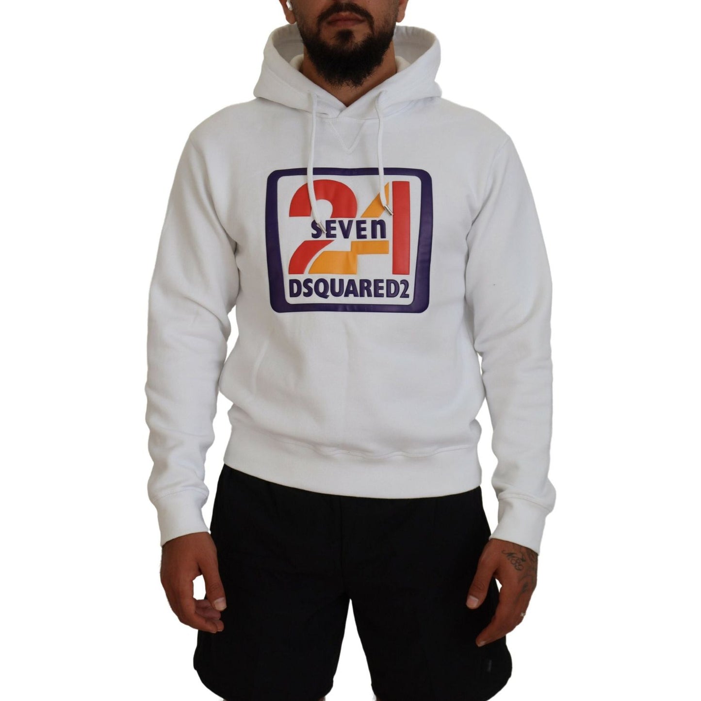 Dsquared² White Cotton Hooded Printed Men Pullover Sweater 1728,67345645728,Clothing,Dsquared²,Hoodies - Sweaters - Clothing,IT48 | M,Material: 100% Cotton,Men,Preowned / Defect,Sweaters - Clothing,Sweaters - Men - Clothing,White