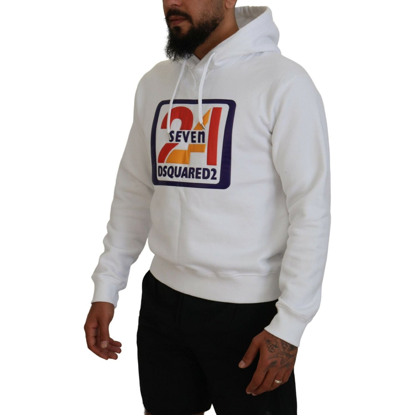 Dsquared² White Cotton Hooded Printed Men Pullover Sweater 1728,67345645728,Clothing,Dsquared²,Hoodies - Sweaters - Clothing,IT48 | M,Material: 100% Cotton,Men,Preowned / Defect,Sweaters - Clothing,Sweaters - Men - Clothing,White