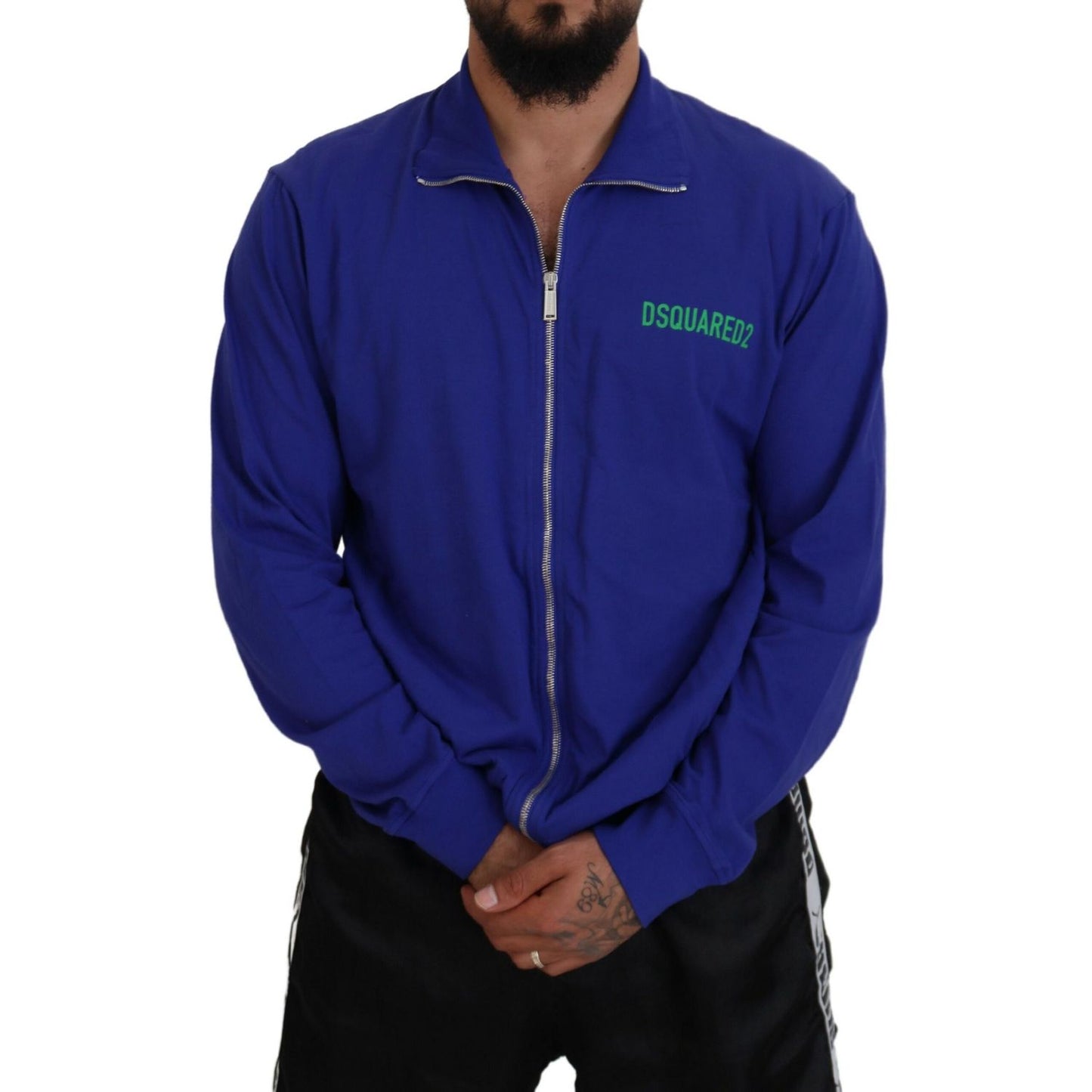Dsquared² Blue Cotton Printed Collared Men Full Zip Sweater