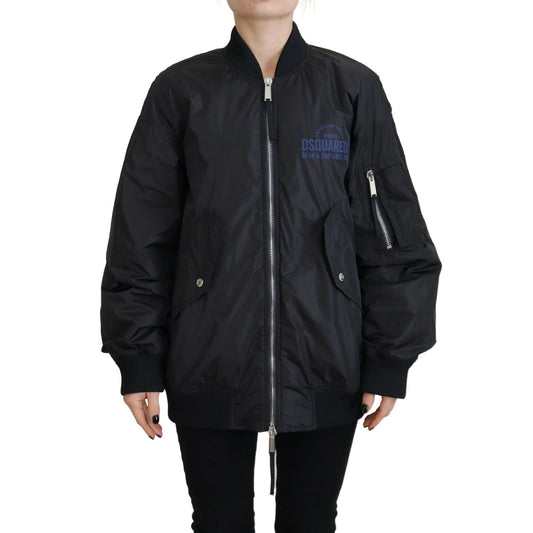 Dsquared² Black Logo Print Full Zip Women Bomber Jacket 1728,67345645728,Black,Bombers - Jackets & Coats - Clothing,Clothing,Dsquared²,IT38 | XS,Jackets & Coats - Clothing,Jackets & Coats - Women - Clothing,Material: 100% Nylon,Preowned / Defect,Women