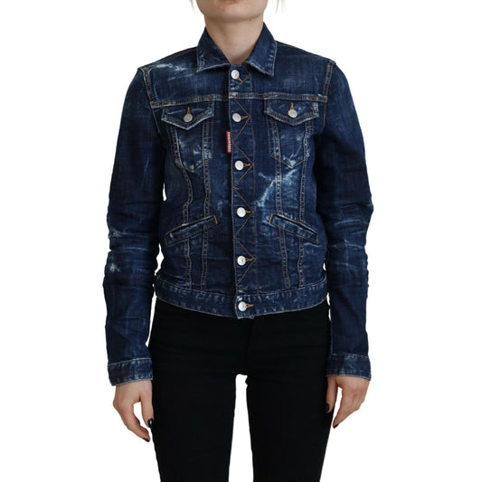 Dsquared² Blue Icon Printed Distressed Denim Jacket 1728,67345645728,Blue,Clothing,Denim Jackets - Jackets & Coats - Clothing,Dsquared²,IT38 | XS,Jackets & Coats - Clothing,Jackets & Coats - Women - Clothing,Material: Cotton 98%,Preowned / Defect,Spandex/