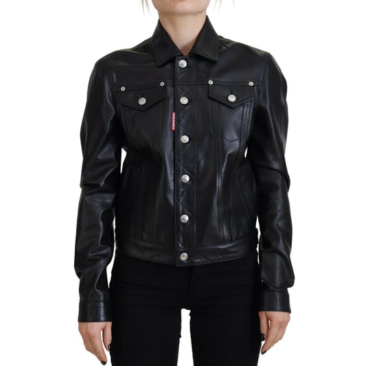Dsquared² Black Leather Collared Long Sleeves Jacket 1728,67345645728,Black,Clothing,Dsquared²,IT38 | XS,Jackets & Coats - Clothing,Jackets & Coats - Women - Clothing,Leather Jackets - Jackets & Coats - Clothing,Material: 100% Leather,Preowned / Defect,Wo