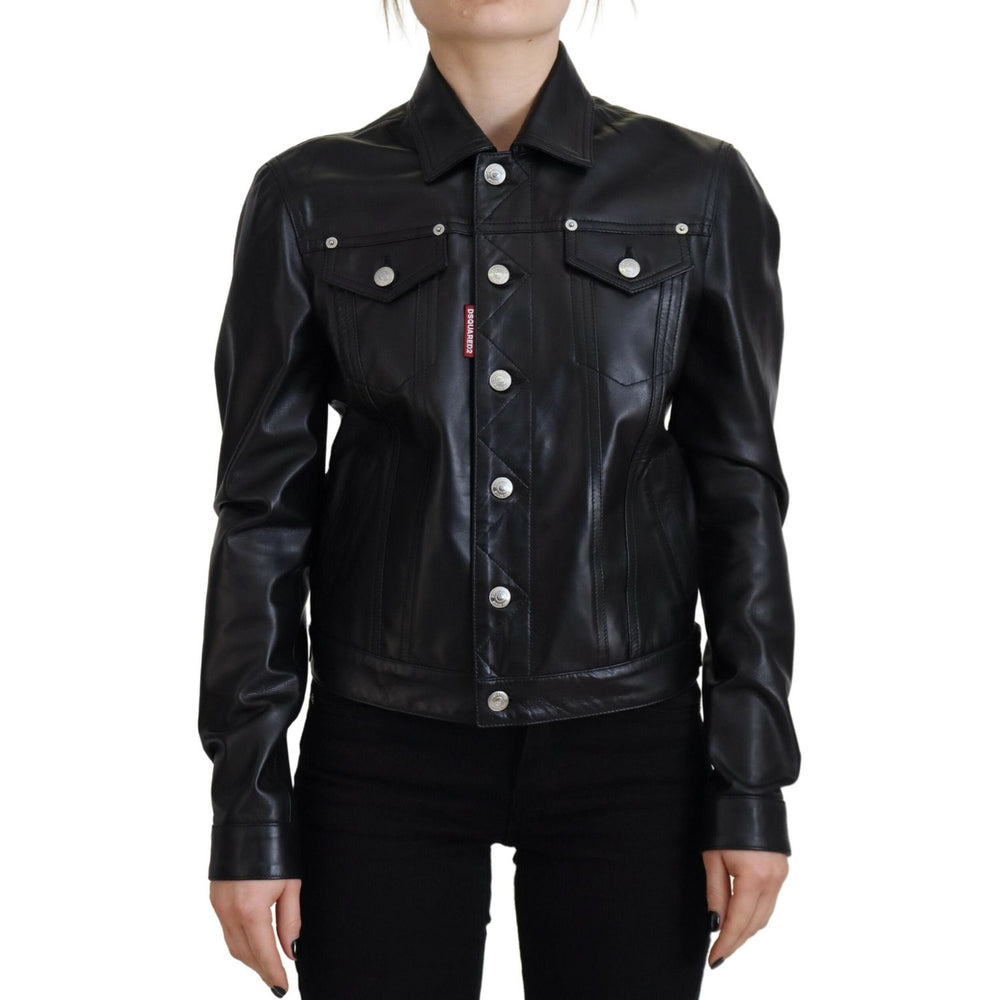 Dsquared² Black Leather Collared Long Sleeves Jacket JKT3519-38