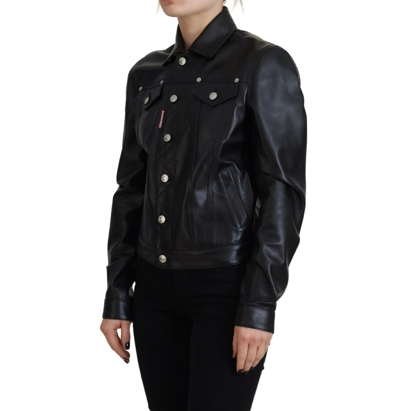 Dsquared² Black Leather Collared Long Sleeves Jacket 1728,67345645728,Black,Clothing,Dsquared²,IT38 | XS,Jackets & Coats - Clothing,Jackets & Coats - Women - Clothing,Leather Jackets - Jackets & Coats - Clothing,Material: 100% Leather,Preowned / Defect,Wo