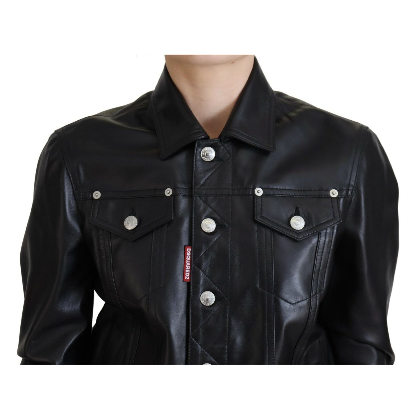 Dsquared² Black Leather Collared Long Sleeves Jacket 1728,67345645728,Black,Clothing,Dsquared²,IT38 | XS,Jackets & Coats - Clothing,Jackets & Coats - Women - Clothing,Leather Jackets - Jackets & Coats - Clothing,Material: 100% Leather,Preowned / Defect,Wo