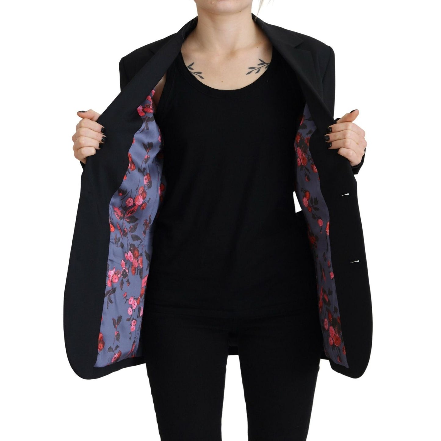Dsquared² Black Flower Single Breasted Coat Blazer 1728,67345645728,Black,Blazers - Suits & Blazers - Clothing,Clothing,Dsquared²,IT38 | XS,Jackets & Coats - Women - Clothing,Material: 54% Polyester 44% Virgin Wool 2% Elastane,Preowned / Defect,Suits & Bl