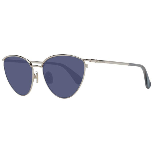 Max Mara silver cat eye sunglasses for women with grey lenses, metal full-rim frame, UV protection; includes branded case.