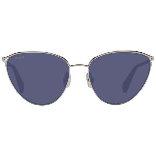 Max Mara silver cat-eye women's sunglasses with full-rim metal frame and grey lenses, includes branded case, offers 100% UVA & UVB protection.