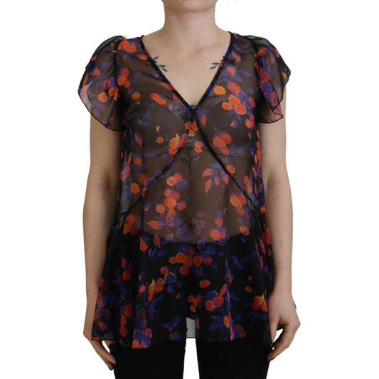 Dsquared² Black Floral Print Short Sleeves V-neck Blouse Top 1728,67345645728,Black,Clothing,Dsquared²,IT38 | XS,Material: 100% Polyester,Preowned / Defect,T-Shirts - Clothing,T-Shirts - T-Shirts - Clothing,Tops & T-Shirts - Women - Clothing,Women