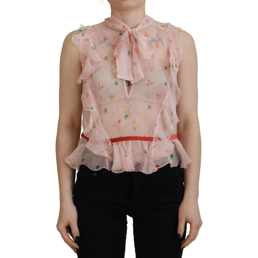 Dsquared² Pink Floral Print Silk Sleeveless Ascot Collar Top TSH83384-38