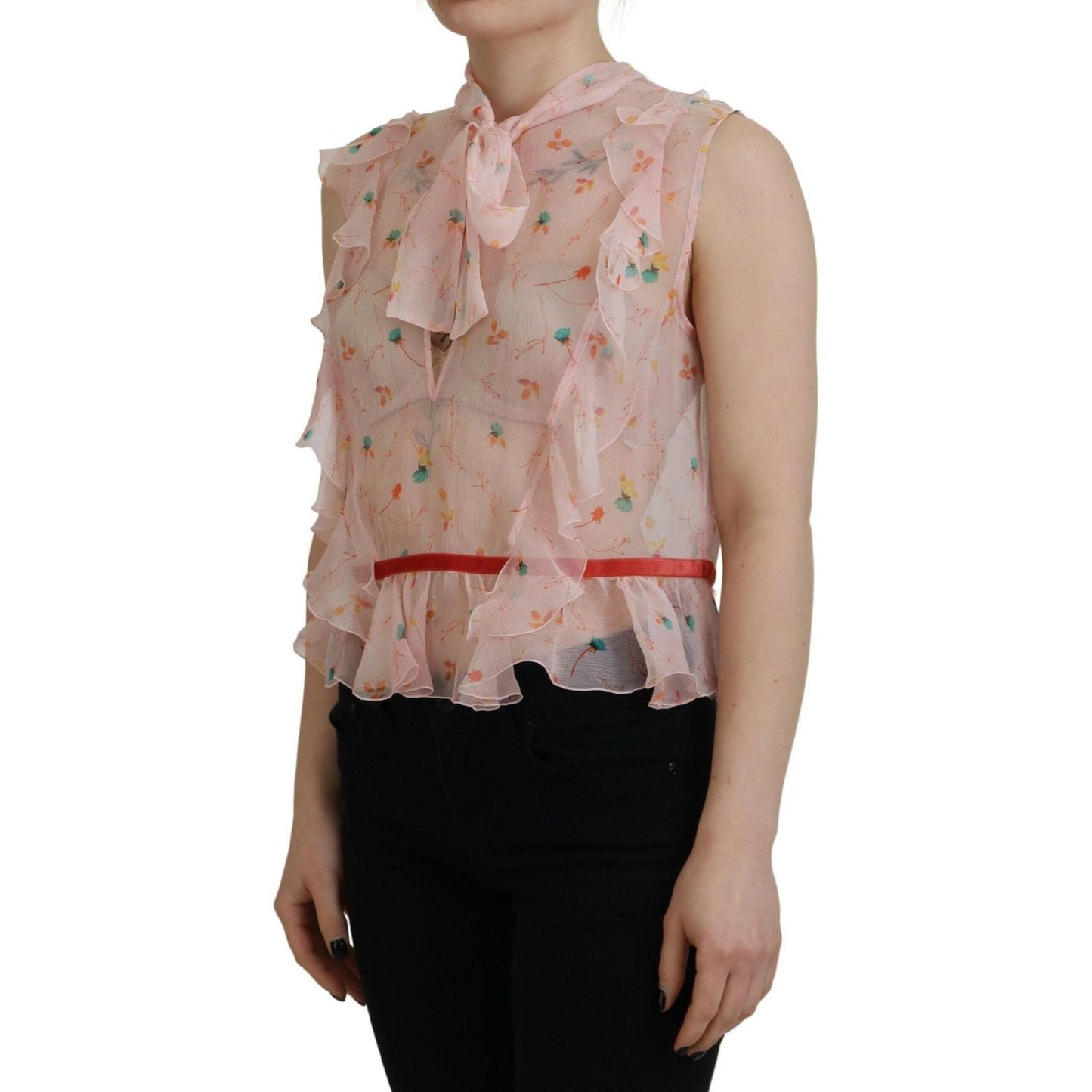 Dsquared² Pink Floral Print Silk Sleeveless Ascot Collar Top TSH83384-38