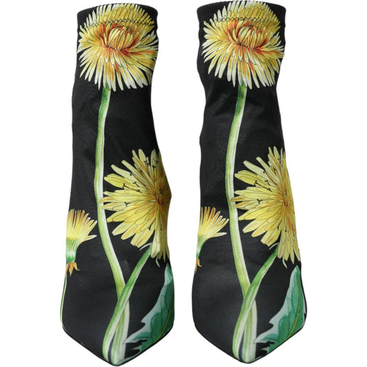 Dolce & Gabbana Black Floral Jersey Stretch Ankle Boots Shoes Dolce & Gabbana Tan