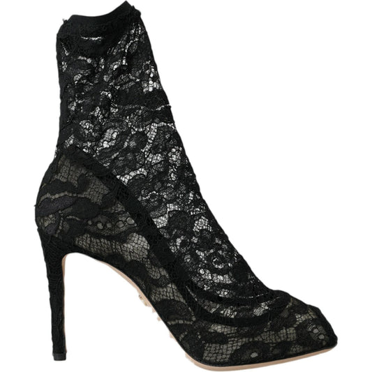 Dolce & Gabbana Black Stretch Taormina Lace Boots Shoes Dolce & Gabbana Black