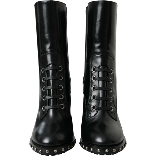 Dolce & Gabbana Black Leather Studded Lace Up Boots Shoes Dolce & Gabbana Black