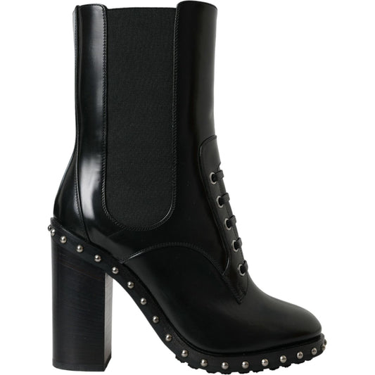Dolce & Gabbana Black Leather Studded Lace Up Boots Shoes Dolce & Gabbana Black