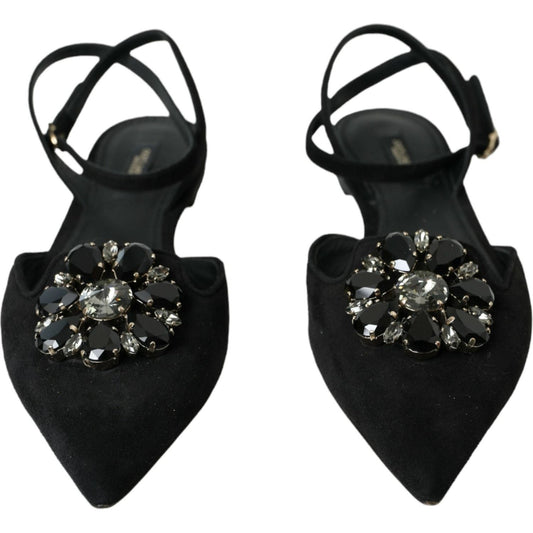 Dolce & Gabbana Black Leather Crystal Slingback Sandals Shoes Dolce & Gabbana Black