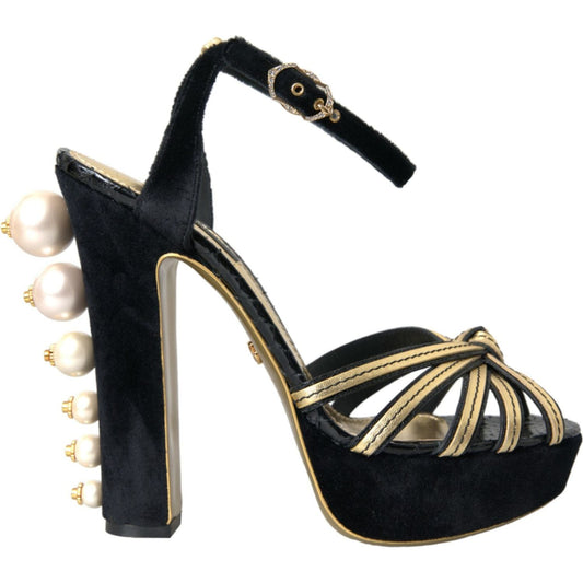 Dolce & Gabbana Black Gold Embellished Heels Sandals Shoes Dolce & Gabbana Gray