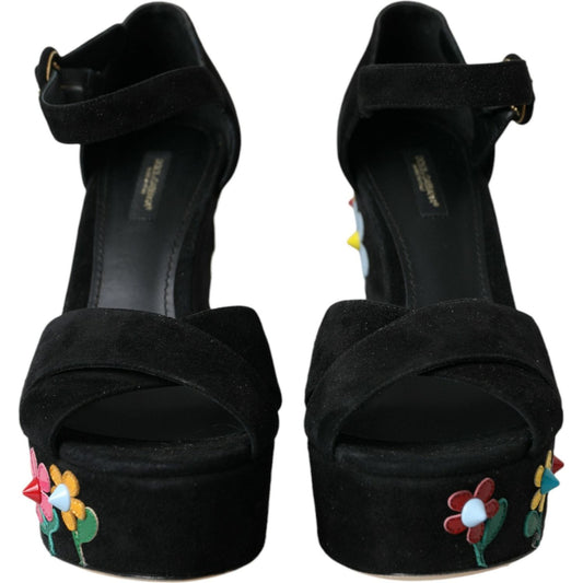 Dolce & Gabbana Black Floral Ankle Strap Heels Sandals Shoes Dolce & Gabbana Black