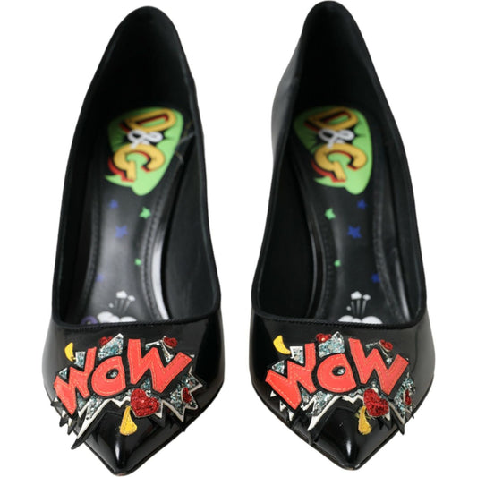 Dolce & Gabbana Black Leather WOW Patch Heels Pumps Shoes Dolce & Gabbana Black
