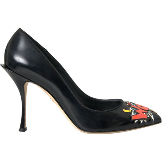 Dolce & Gabbana Black Leather WOW Patch Heels Pumps Shoes Dolce & Gabbana Dark Slate Gray