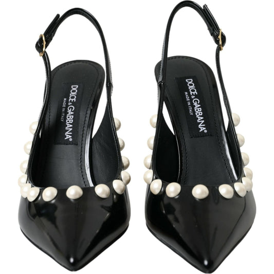 Dolce & Gabbana Black Leather Faux Pearl Heel Slingback Shoes Dolce & Gabbana Dark Slate Gray