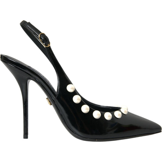 Dolce & Gabbana Black Leather Faux Pearl Heel Slingback Shoes Dolce & Gabbana Black