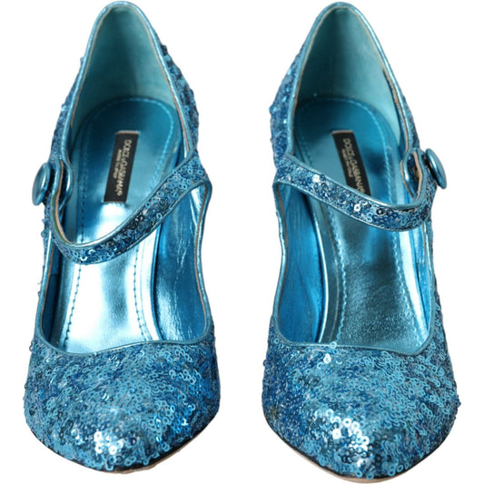Dolce & Gabbana Blue Sequin Mary Jane Pumps High Heels Shoes Dolce & Gabbana Steel Blue