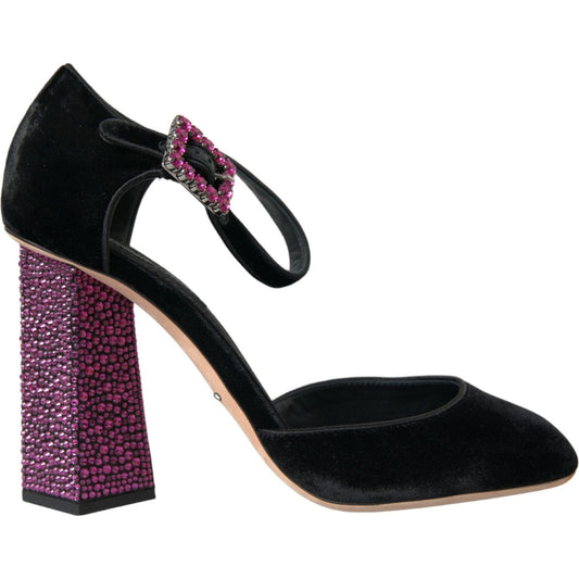 Dolce & Gabbana Black Velvet Strass Crystal Mary Janes Shoes Dolce & Gabbana Black