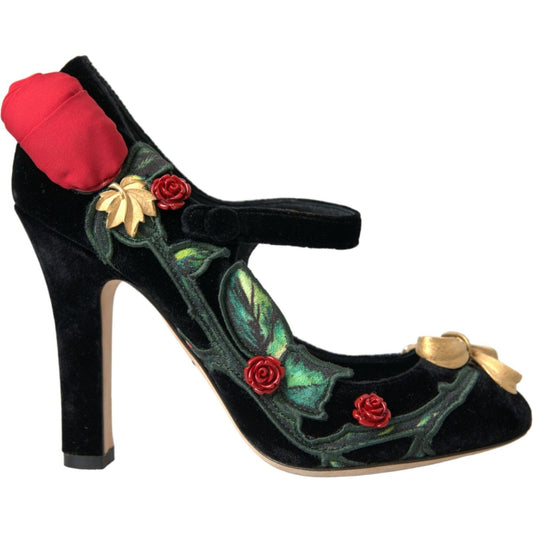 Dolce & Gabbana Black Roses Crystal Brooch Mary Jane Shoes Dolce & Gabbana Pale Violet Red