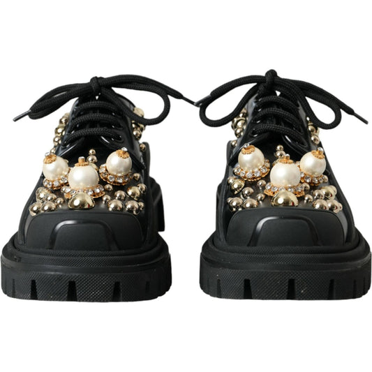 Dolce & Gabbana Black Leather Trekking Derby Embellished Shoes Dolce & Gabbana Black