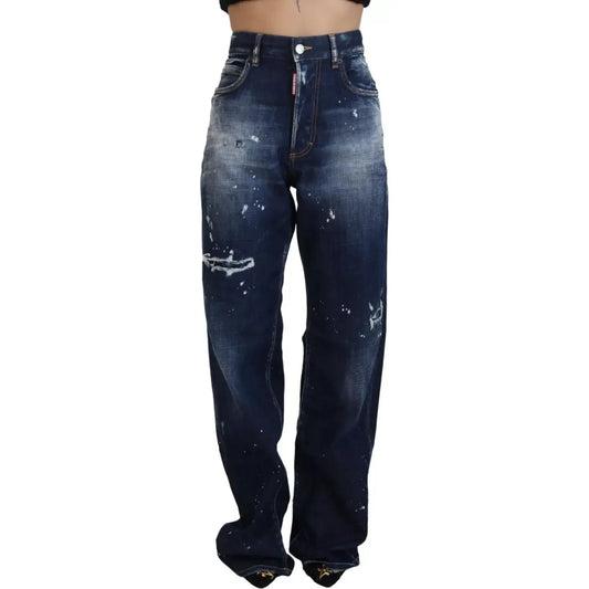 Dsquared² Blue High Waist Tattered Denim Jeans San Diego 1728,67345645728,98% Cotton 2% Elastane,Blue,Clothing,Dsquared²,IT38 | XS,Jeans & Pants - Women - Clothing,Jeans Denim - Clothing,Preowned / Defect,Straight-Leg Jeans - Jeans Denim - Clothing,Women