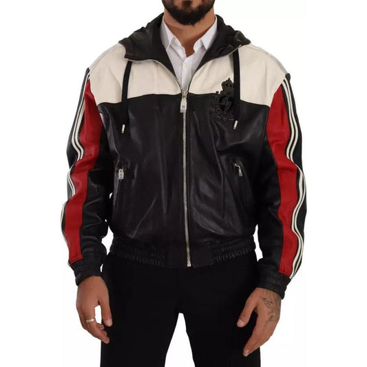 Dolce & Gabbana Black Leather Hooded Blouson Jacket Dolce & Gabbana Rosy Brown